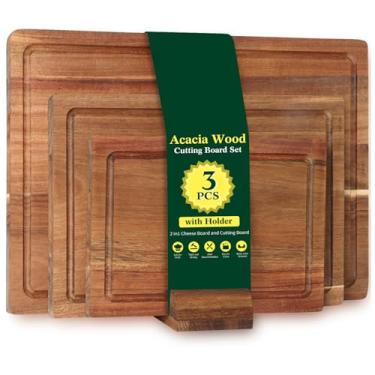 Imagem de Conjunto de 3 tábuas de corte de madeira de acácia para cozinha, tábua de cortar com suporte, com alças de aperto profundo para suco, tábuas de charcutaria, para carne, legumes, frutas e queijo