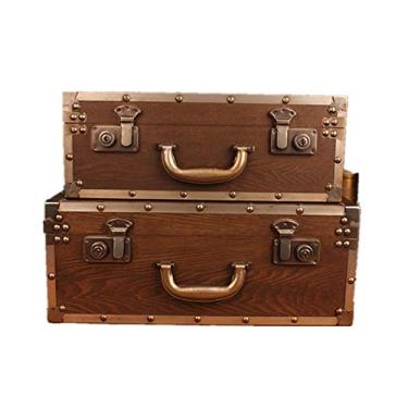 Imagem de pcagfaajmh Conjunto durável de 2 malas decorativas de madeira baús baús caixa com alças para quarto sala de estar (marrom) projeto de artesanato (cor: marrom Tamanho: Grande + pequeno)