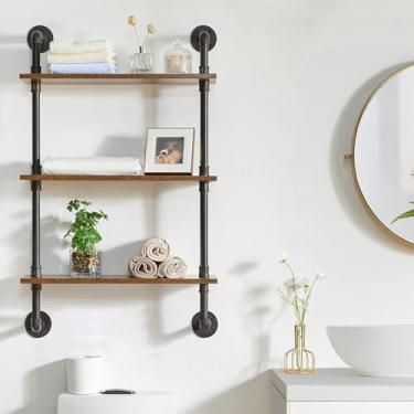Imagem de pcagfaajmh Prateleira de parede industrial prateleiras flutuantes rústicas, rack de armazenamento montado na parede para quarto/sala de estar/cozinha/banheiro, prateleiras decorativas de metal preto e