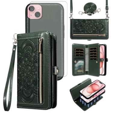 Imagem de Asuwish Capa de telefone para iPhone 15 6,1 polegadas carteira com zíper destacável capa celular com protetor de tela de vidro temperado alça de pulso transversal flor porta-cartão de crédito i