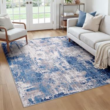 Imagem de RELEANY Tapetes laváveis, quadrados, 1,8 m, antiderrapantes, modernos, abstratos, macios para sala de estar, entrada, quarto, berçário, padrão estampado, azul, cinza, azul-marinho