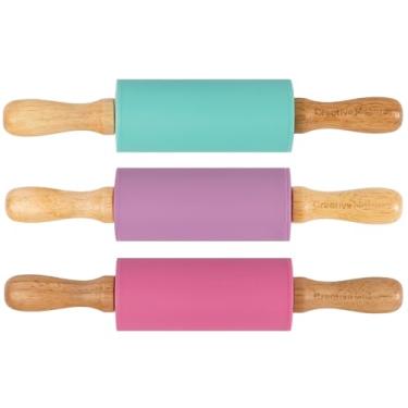 Imagem de Rolo de massa pequeno para crianças, superfície de silicone antiaderente com alças de madeira para massinha de brincar e assar (conjunto de empregada - rosa choque, roxo brilhante, azul petróleo)