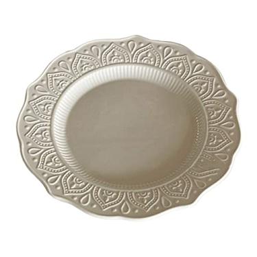 Imagem de VHDY85KA Prato de jantar branco em relevo prato plano de renda prato de cerâmica prato de sobremesa prato redondo borda irregular prato de jantar café da manhã restaurante casa café pratos