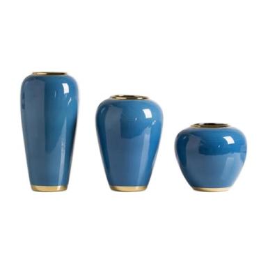 Imagem de VHDY85KA Vaso azul de cerâmica retrô conjunto de três peças para casa sala de estar arranjador de flores decoração de mesa vaso de porcelana chinesa