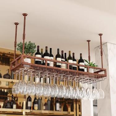 Imagem de Rack de vinho suspenso com suporte de vidro, rack de vidro de teto ajustável de 35 cm-55 cm de altura, suporte de garrafa de vinho de metal, rack de armazenamento de copo de vinho (cor: bronze
