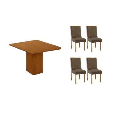 Imagem de Conjunto: Mesa de Cozinha Maldivas Tampo Curvo 90cm+4 Cadeiras Tilia Madeira Naturale - Capuccino/Suede Capuccino - Rufato