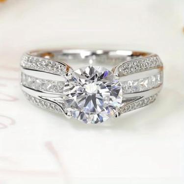 Imagem de Anel largo de zircônia cúbica redonda brilhante clássica para mulheres, aliança de noivado, temperamento, joia de aniversário, Cobre, Zircônia cúbica