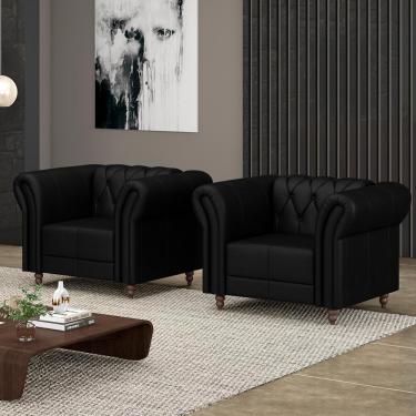 Imagem de Kit 2 Poltronas Decorativas Sala de Estar Stanford Chesterfield Pés de Madeira Couro Preto Brilho G58 - Gran Belo