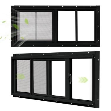 Imagem de BOBIBAN Pacote com 2 janelas de galpão, janela deslizante preta de 25,4 cm x 45,7 cm adequada para galinheiro, galpão, casa, celeiro - janela de popa com vidro temperado e tela de fibra de vidro (BK