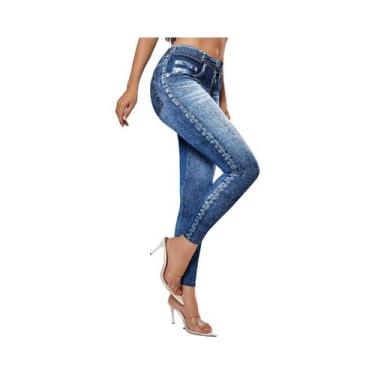 Imagem de Leggings Femininas De Imitação De Jeans Com Alta Elasticidade E Bolsos