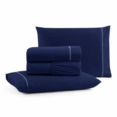 Imagem de Jogo De Lençol King Premium Soft 600 Fios Micropercal Azul Marinho Ponto Palito Toque Macio 4 Peças