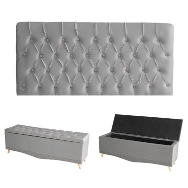 Imagem de Kit Estrela Cabeceira De Cama Painel E Calçadeira Baú Botão Cristal Casal 140 Cm Suede Prata Do Lar Móveis E Decoração