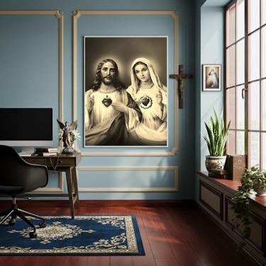 Imagem de Quadro Jesus Símbolo de Amor e Maria de Pureza P&B - 70x50cm