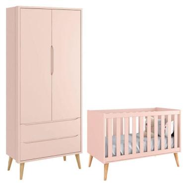 Imagem de Berço Americano e Guarda Roupa Theo 2 Portas Rosa com Pés Madeira Natural – Reller