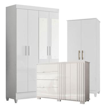Imagem de Guarda Roupa com Espelho Infantil Sobral com Cômoda Texas e Armário Multiuso Jade Branco Brilho – Moval