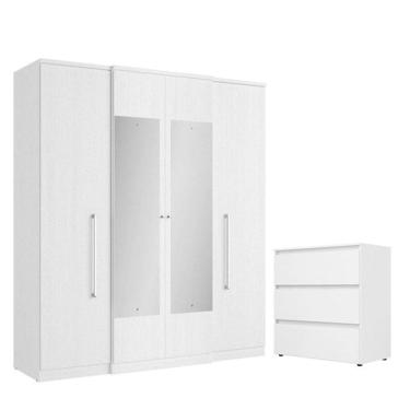 Imagem de Guarda Roupa Casal Splendore Glass 4 Portas e Cômoda Gaveteiro Condessa Branco Acetinado - THB
