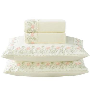 Imagem de Jogo de Lençol Queen Bordatto Percal 300 Fios Toque de Algodão 4 Peças