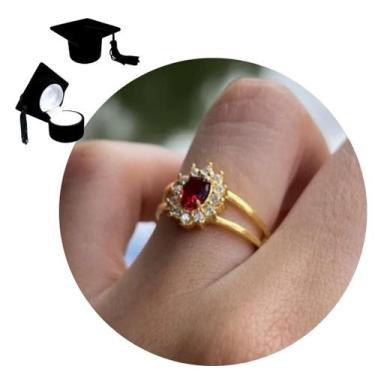 Imagem de Anel de Formatura Pedra Vermelho Banhado à Ouro - VZAR Semijóias, Verm