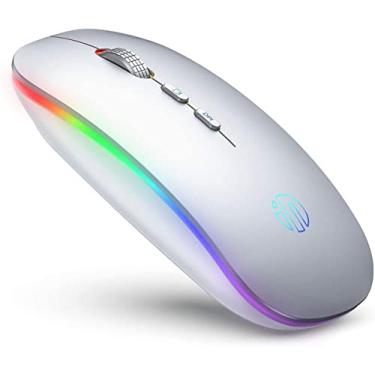 Imagem de Mouse sem fio, mouse portátil 2.4G recarregável para PC, clique silencioso com receptor USB, 1600DPI para computador Mac Office, com luz RGB (Prata)