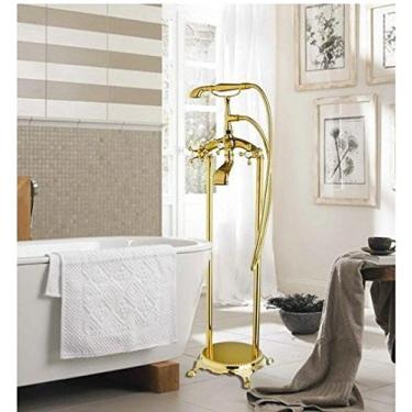 Imagem de Torneira para banheiro, duas alças douradas da GOWE, conjunto de chuveiro montado no chão dourado, torneira para pia de pia de vaso sanitário, torneira de misturador