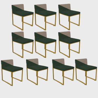 Imagem de Kit 10 Cadeira Office Lee Duo Sala de Jantar Industrial Ferro Dourado Suede Verde e Bege - Ahazzo Móveis