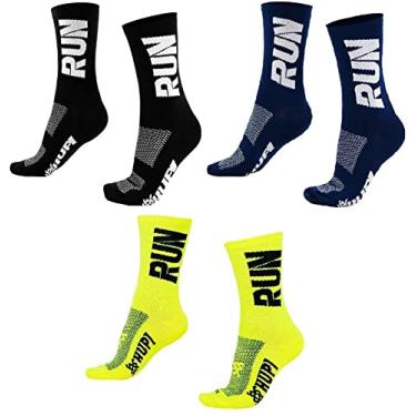 Imagem de Kit 03 Pares Meia Corrida Hupi Run Preto Azul e Amarelo, Cor: Preto/amarelo/azul