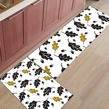Imagem de Tapete de cozinha corredor, folhas tema de Natal amarelo preto antiderrapante tapete de porta tapete tapete tapete para lavanderia quarto banheiro conjunto com 2