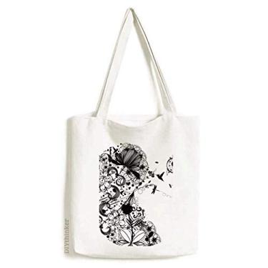 Imagem de Sacola de lona com desenho de flor branca preta e branca bolsa de compras bolsa casual