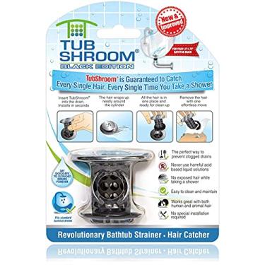 Imagem de TubShroom Coletor de cabelo de drenagem de banheira, preto cromado – protetor e coletor para ralos de banheiro, serve para drenos de chuveiro de banheira de 3,8 cm e 4,4 cm