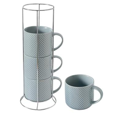 Imagem de Hasense Canecas de Café com Rack, 425 g Porcelana Empilhável Grande Cerâmica Azul, Conjunto de 4 com Alça para Bebidas como Chá, Cappuccino, Leite, Mocha e Cereais, Micro-ondas e Lava-louças