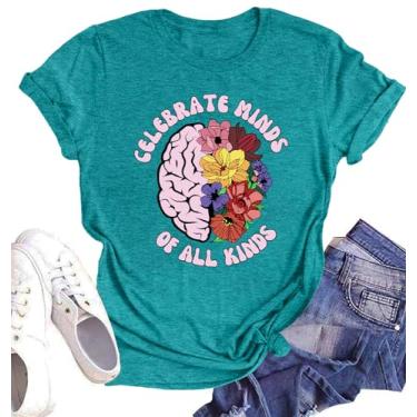 Imagem de Camiseta feminina Celebrate Minds of All Kinds para mulheres Mental Health Matters Camiseta Human Brain Awareness, Ciano, GG
