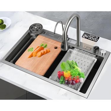 Imagem de Cuba Inox Cozinha, Pia de Cozinha, Cuba de Inox, Pia Cozinha, 75X45 CM, Tipo Cascata, Torneira Telescópica e Acessórios Completos