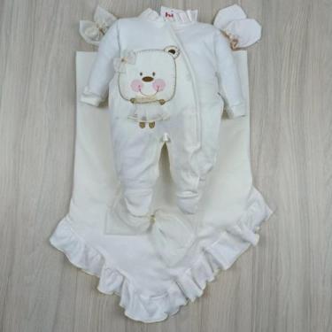 Imagem de Saída maternidade bebê menina delicada com manta bordado ursa cabeção 