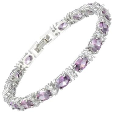 Imagem de RIZILIA Pulseira Eternity Tennis [18 cm/7 polegadas] com pedras preciosas de corte oval CZ [6 cores disponíveis] banhado a ouro branco 18K, elegância moderna simples, Medium, Latão, Zircônia cúbica