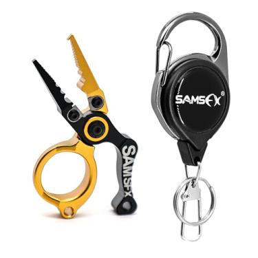 Imagem de SAMSFX Alicate de pesca de 8,4 cm para água salgada, alicate de pesca de aço inoxidável com anel dividido, removedor de anzol, cortadores de carboneto de tungstênio, acessórios de pesca para homens