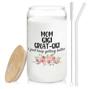 Imagem de BEHIFL Melhores presentes de Natal para avó mãe Gigi Great Gigi copo de café de vidro com tampa e canudos 400 ml - copo de vidro presentes de natal para avó