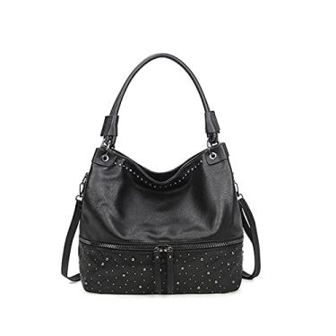 Imagem de myfriday Bolsa de ombro vintage Hobo feminina de couro macio, bolsa elegante estruturada com detalhe de rebite (preto)