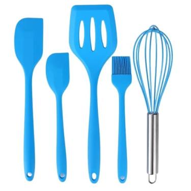 Imagem de Kit 5 Utensílios de Cozinha em Silicone Premium – Espátulas, Pincel e Batedor Resistente (Azul)