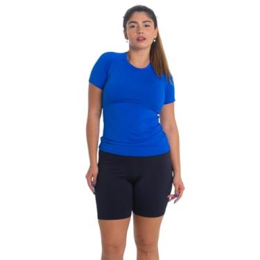 Imagem de Conjunto Feminino Camiseta Curta e Bermuda Térmica Segunda Pele Trygg Proteção UV50 Fitness Academia (G, Azul - Preto)