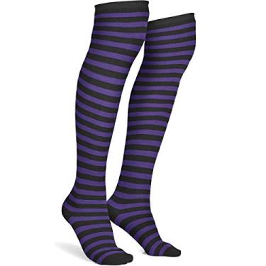 Imagem de Skeleteen meias roxas e pretas – meias listradas acima do joelho para fantasia de meias para homens, mulheres e crianças
