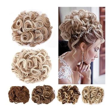 Imagem de Mulheres Bun Scrunchies Pente de cabelo sintético cacheado chignon, pente de extensão de coque ondulado bagunçado curto em rabo de cavalo extensões updos apliques para mulheres Pão (Color : Color14T6