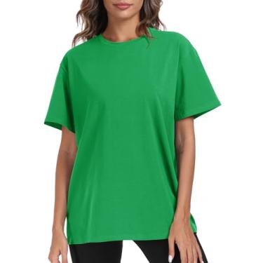 Imagem de PRIMODA Camisetas femininas grandes de manga curta na moda gola redonda solta para treino casual verão tops algodão, Verde Kelly, P