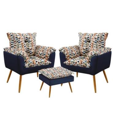 Imagem de Kit 2 Poltronas Decorativas Beta com Puff Lunar Sued Estampado Laranja