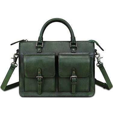 Imagem de Bolsa feminina de couro genuíno vintage feita à mão com alça superior retrô carteiro, Verde, Medium