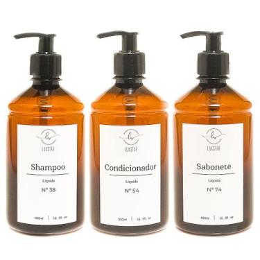 Imagem de Kit 3 Frascos Ambar Minimalista Decorativo Refil Luxo Shampoo Sabonete