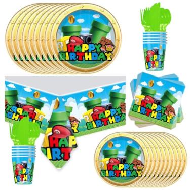 Imagem de 81 peças de suprimentos para festa de aniversário Super Bro, conjunto de utensílios de mesa descartáveis para jantar, guardanapos, copos, facas, colheres, garfos para decorações de festa de