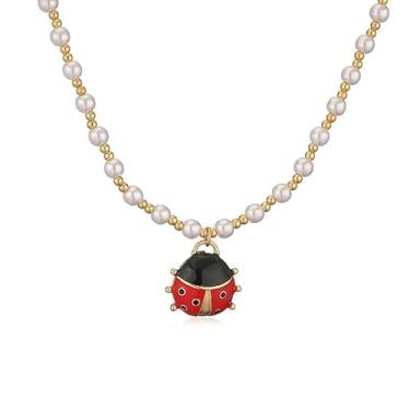 Imagem de Colar gargantilha de pérola com pingente de joaninha fofo para mulheres com pingente de besouro delicado moderno preto vermelho esmalte inseto animal engraçado colar de corrente de coccinela joia