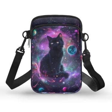 Imagem de WELLFLYHOM Mini bolsa transversal carteira de telefone feminina bolsa mensageiro de lona, Gato galáxia, One Size