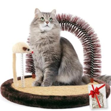 Imagem de Happi N Pets O massageador de gato original com arco de gato, escova de cabelo de gato para cuidar com almofada resistente para arranhar gatos e brinquedo de nip, arranhadores de rosto de gato, escovador durável, poste e arranhador para esfregar gatos, tamanho grande