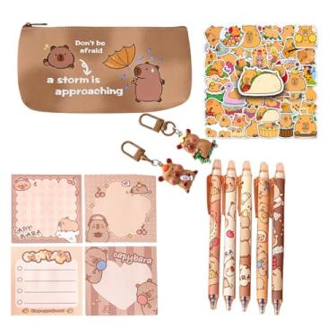 Imagem de Kawaii Capybara 1 bolsa de maquiagem, estojo de lápis, 50 adesivos, 5 canetas de tinta gel, 1 nota adesiva, 2 chaveiros, conjunto de capivara fofo, presente de aniversário para meninas e meninos